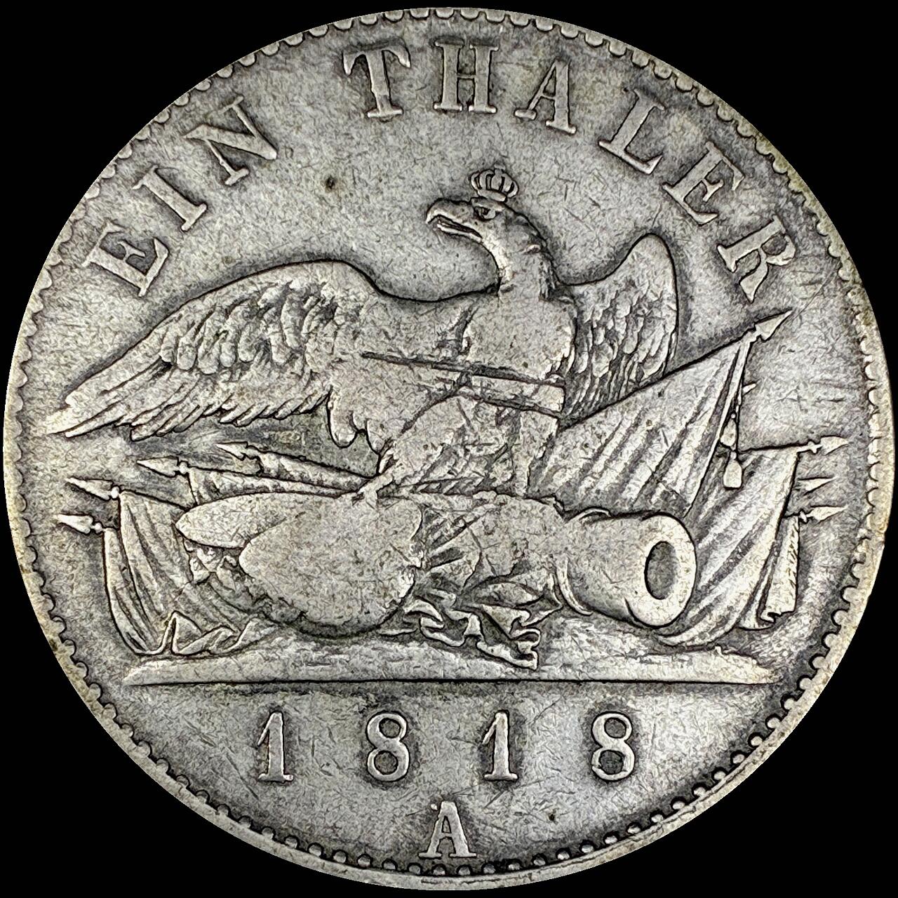 【雨安】【直播拍卖】【世界币章121期-裸币】2025-12-26 周五 19:30 保真 [裸币德国] Germany 德国 德意志 1泰勒 Prussia普鲁士 Thun.246 KM#0396 (1816-1822) 腓特烈·威廉三世 大炮 1818年