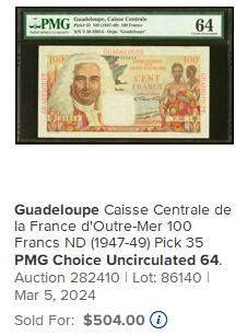 【Blue Auction】世界纸币精拍第767期——18级TOP拍卖/信誉/品质/专业/高效💫 【88尾无47】瓜德罗普 1947-49年 100法郎 PMG65EPQ 绝品 裸女 设计精美