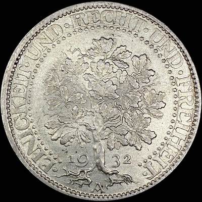 【雨安】【直播拍卖】【世界币章121期-裸币】2025-12-26 周五 19:30 保真 - [裸币德国] Germany 德国 魏玛 5马克 KM#56 橡树 1932年 UNC