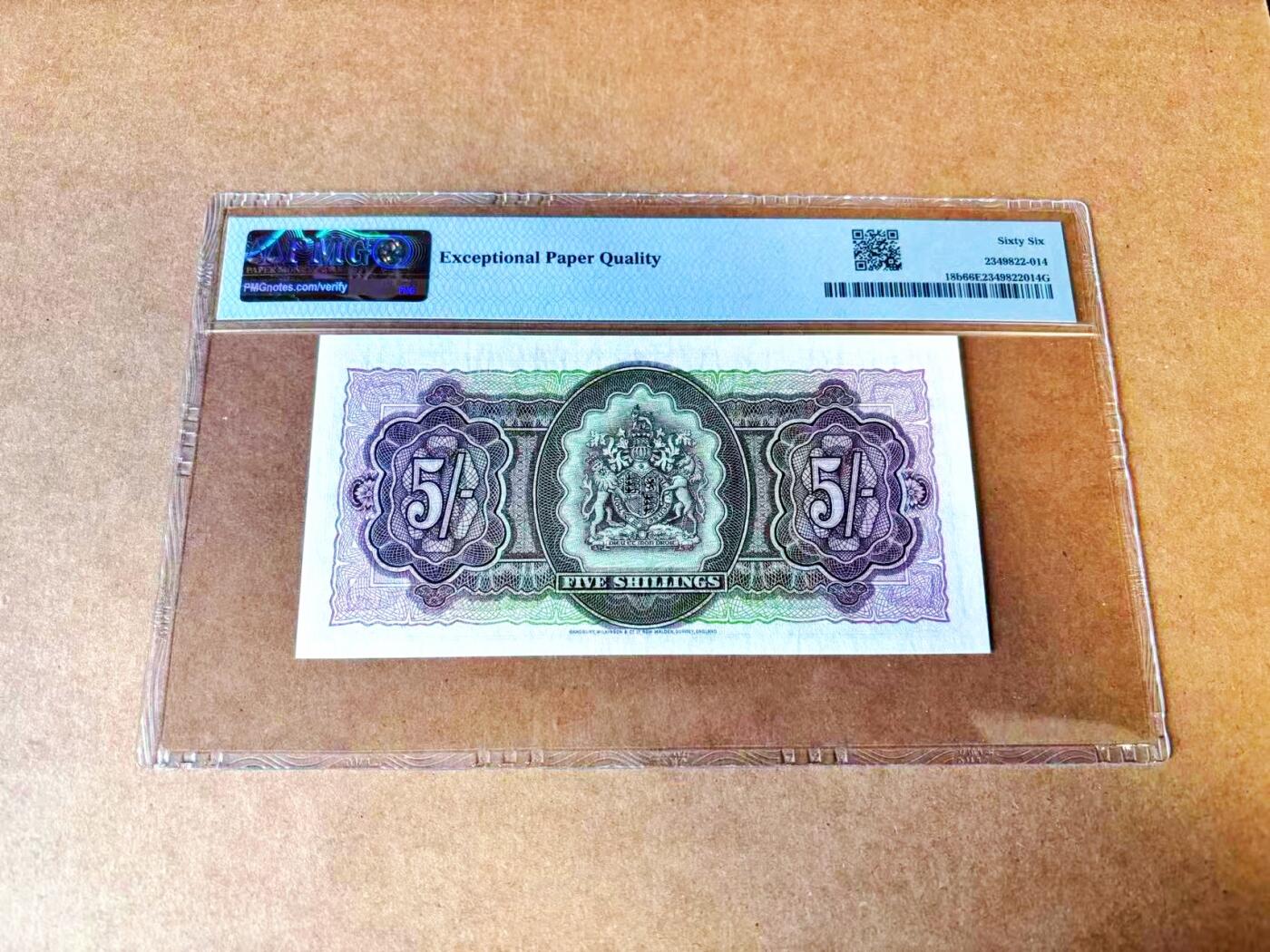 【Blue Auction】世界纸币精拍第767期——18级TOP拍卖/信誉/品质/专业/高效💫 【W/1冠】百慕大 1957年5先令 BWC出品 满版水印 年轻女王侧面像 PMG66EPQ