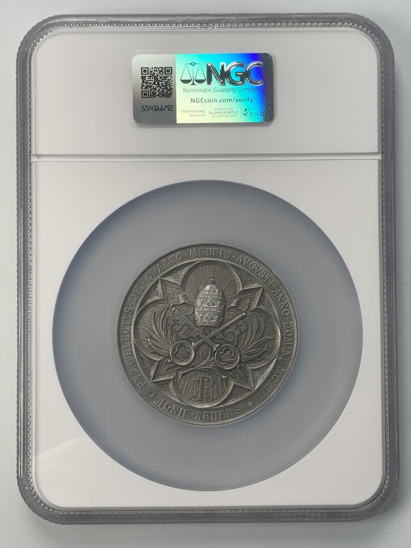 掌中浮雕-藏着的欧洲第047场 NGC MS65 : 1903年梵蒂冈教皇选举白色金属（局部镀金）纪念章，59mm