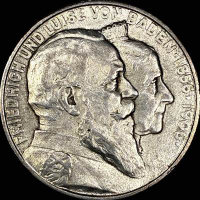 【雨安】【直播拍卖】【世界币章121期-裸币】2025-12-26 周五 19:30 保真 - [裸币德国] Germany 德国 帝国 巴登 2马克 弗里德里希金婚 1906年