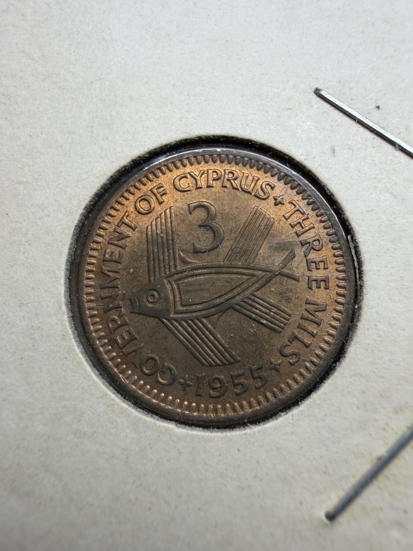 2025年集古藏今外币拍卖第十一期-第4场—（总第294拍），可以寄存60天，满160元包邮。 1955年塞浦路斯3密尔