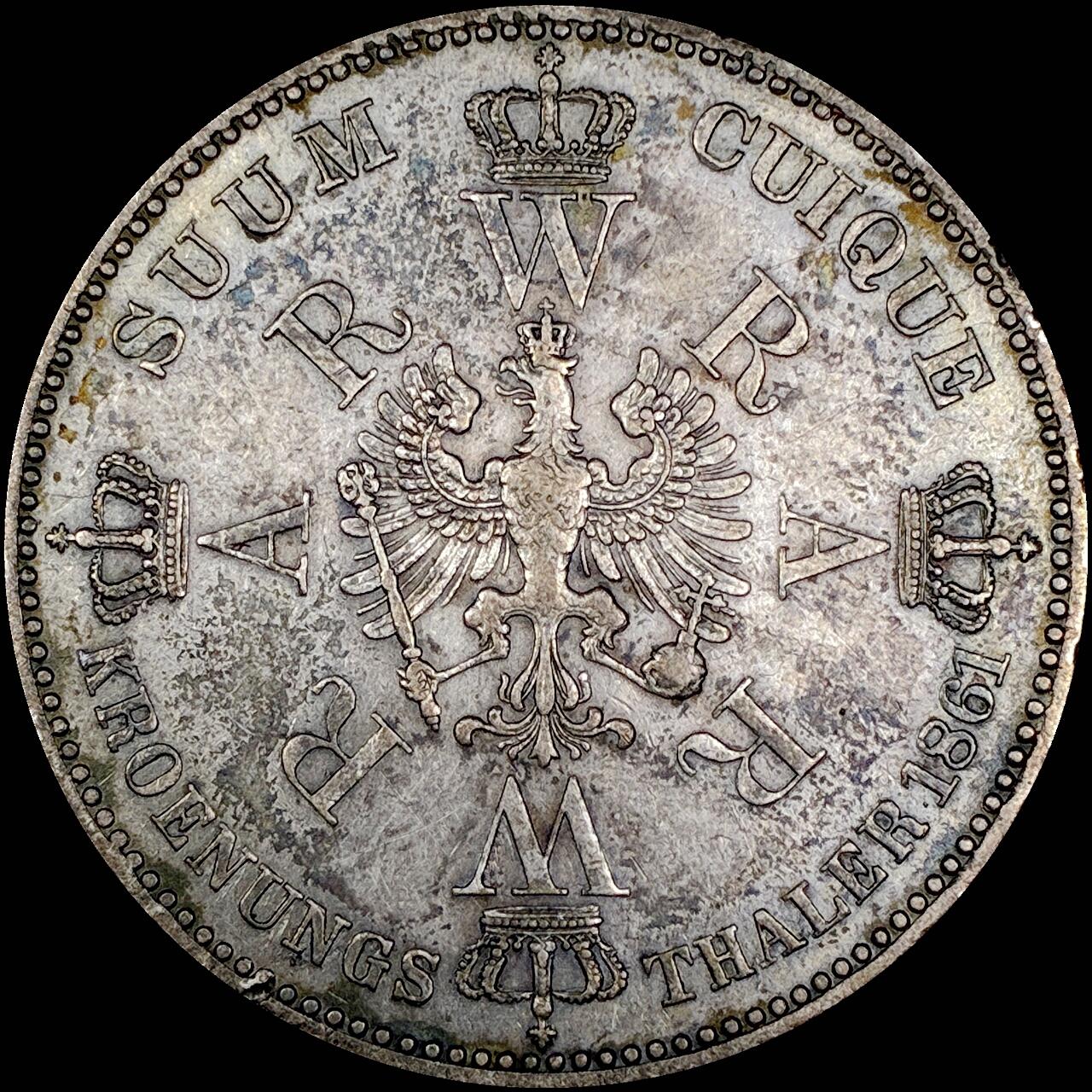 【雨安】【直播拍卖】【世界币章121期-裸币】2025-12-26 周五 19:30 保真 [裸币德国] Germany 德国 德意志 1泰勒 Prussia普鲁士 Thun.265, KM# 488 (1861) 威廉一世.登基 1861年