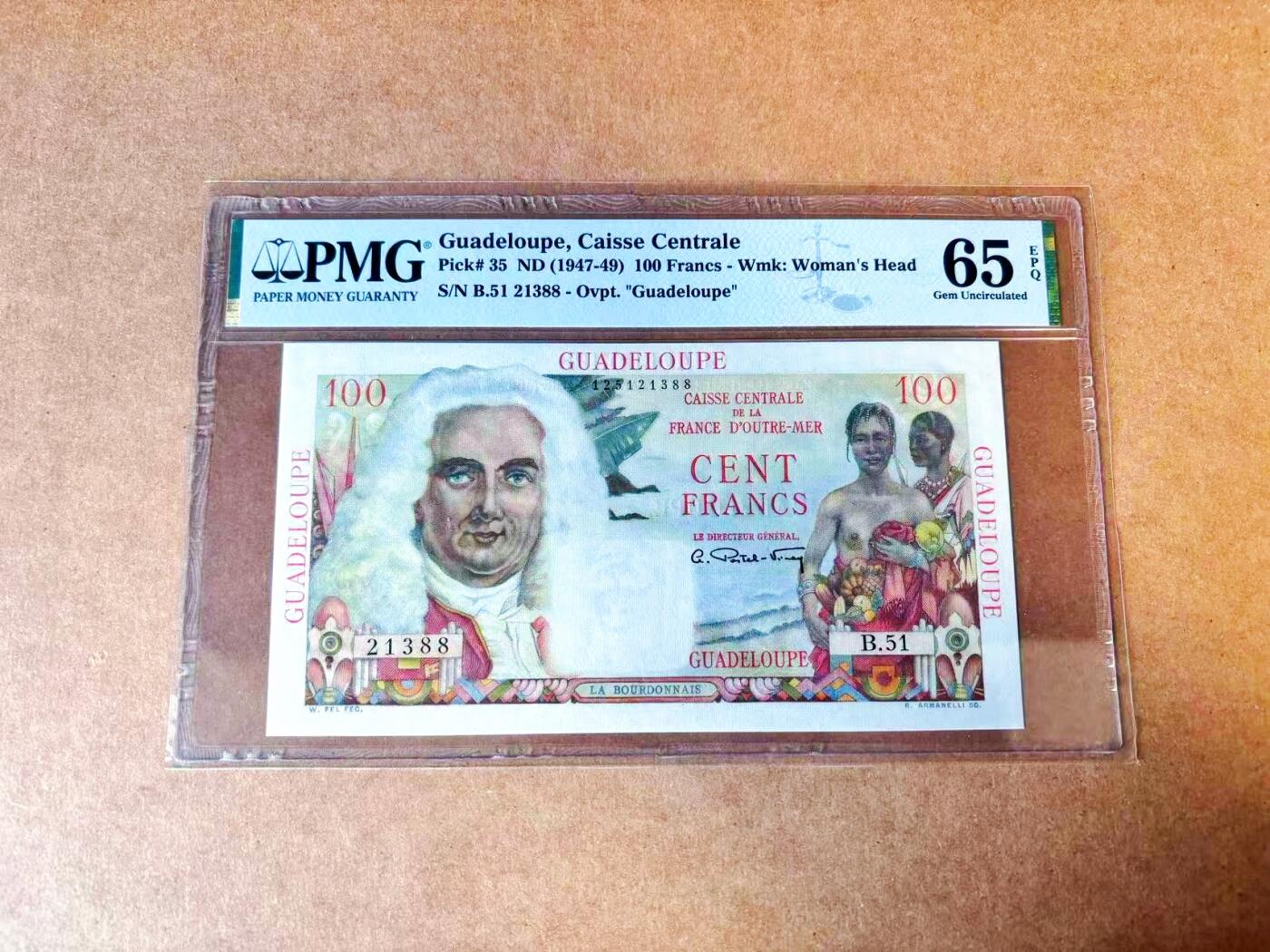 【Blue Auction】世界纸币精拍第767期——18级TOP拍卖/信誉/品质/专业/高效💫 【88尾无47】瓜德罗普 1947-49年 100法郎 PMG65EPQ 绝品 裸女 设计精美