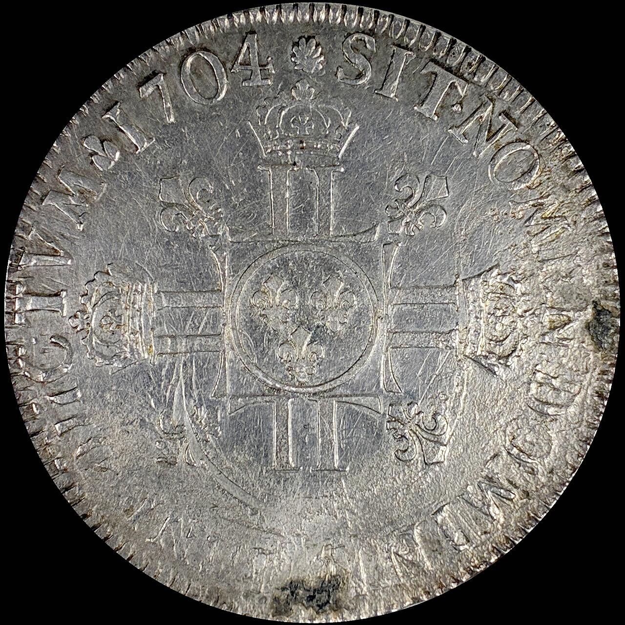 【雨安】【直播拍卖】【世界币章121期-裸币】2025-12-26 周五 19:30 保真 [裸币法国] France 法国 1埃居 KM#0360 DAV-1320 (1704-1705) 路易十四 皇冠十字 中心纹章 1704年