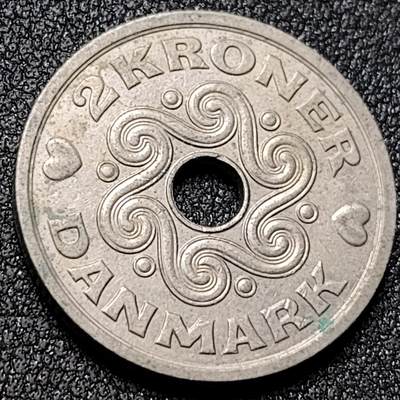 泉币菌-第153场-平安夜专场 - 1993年 爱心币 丹麦2克朗圆孔铜镍硬币 24.5毫米5.9克