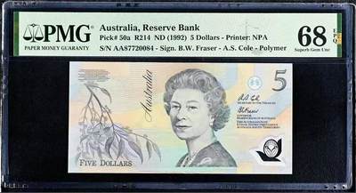 【Blue Auction】世界纸币精拍第767期——18级TOP拍卖/信誉/品质/专业/高效💫 - 【AA】澳大利亚 1992年5元  PMG68EPQ高分