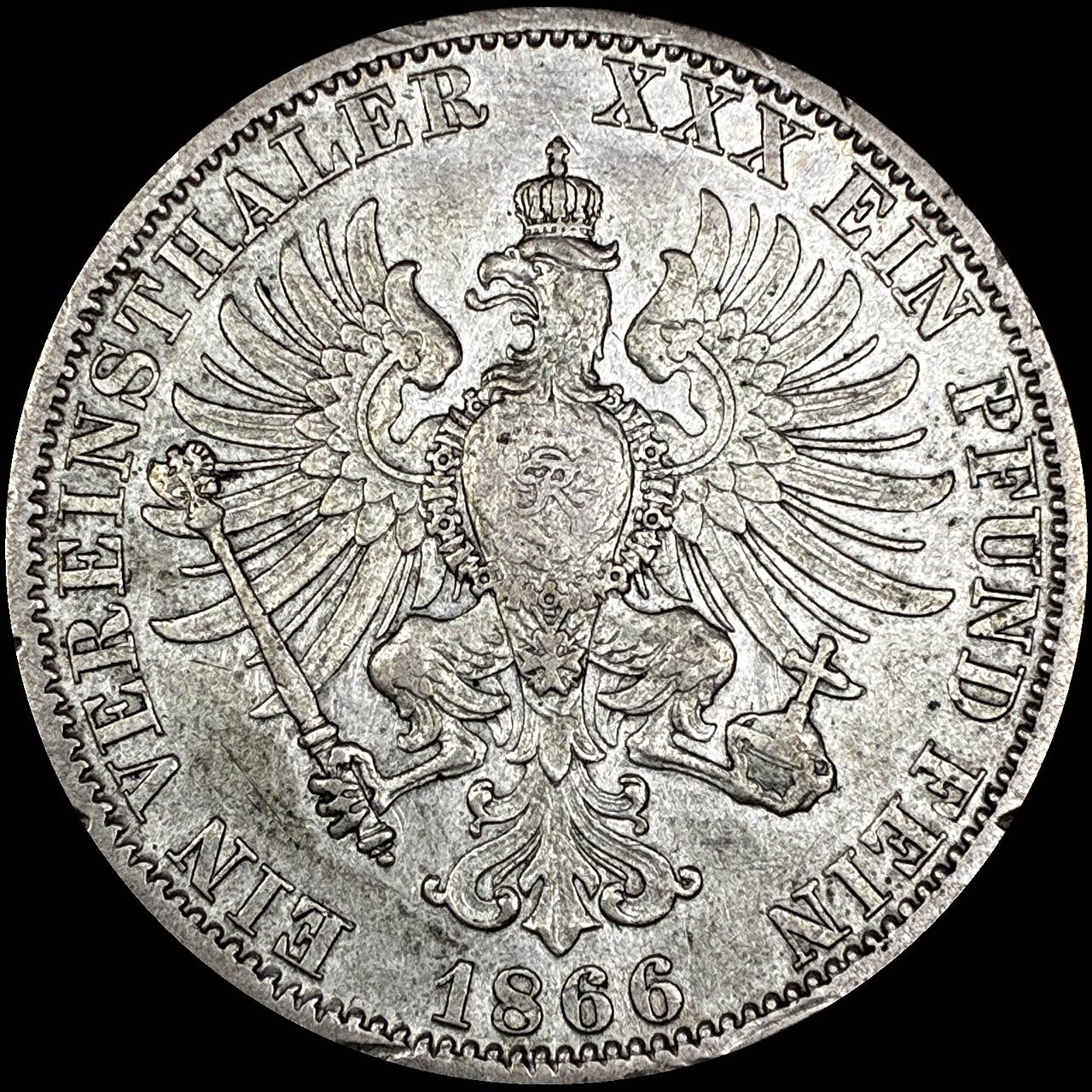 【雨安】【直播拍卖】【世界币章121期-裸币】2025-12-26 周五 19:30 保真 [裸币德国] Germany 德国 德意志 1泰勒 Prussia普鲁士 Thun.271 KM#0497 (1866) 威廉一世.普奥战争.桂冠 1866年