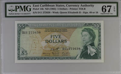 【礼羽收藏】🌏世界钱币拍卖第117期 - 东加勒比5元 1965年 加勒比通用版 PMG67高分