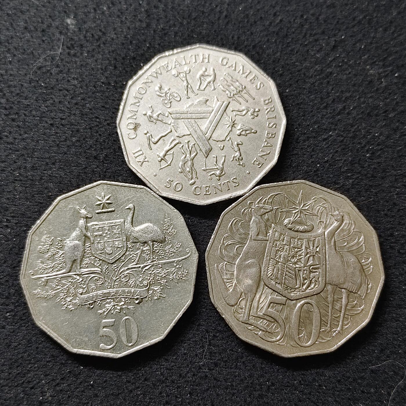 【全场包邮】纯粹捡漏拍488场（免费代拍第25场） 澳大利亚各年份50分及纪念币3枚一组-英联邦运动会+联邦百年+流通币