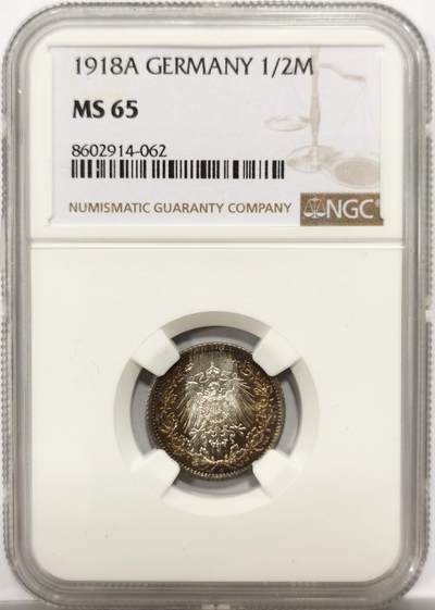 博洋堂世界钱币拍卖第154期（全场包邮） - NGC MS65 德国1918年A版1/2马克银币，原汁原味黑五彩老包浆，包浆醇厚浓郁，味道绝，小巧精致，极美五彩包浆。