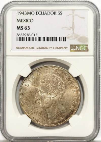 博洋堂世界钱币拍卖第154期（全场包邮） - NGC MS63 厄瓜多尔1943年5苏克雷大银币，淡彩美品，光度很好。