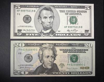 【礼羽收藏】🌏世界钱币拍卖第117期 - 美国5-20一组2张，①06年大头版5美元无34豹头②17年A版彩色20美元无347金马号。均为刀拆绝品
