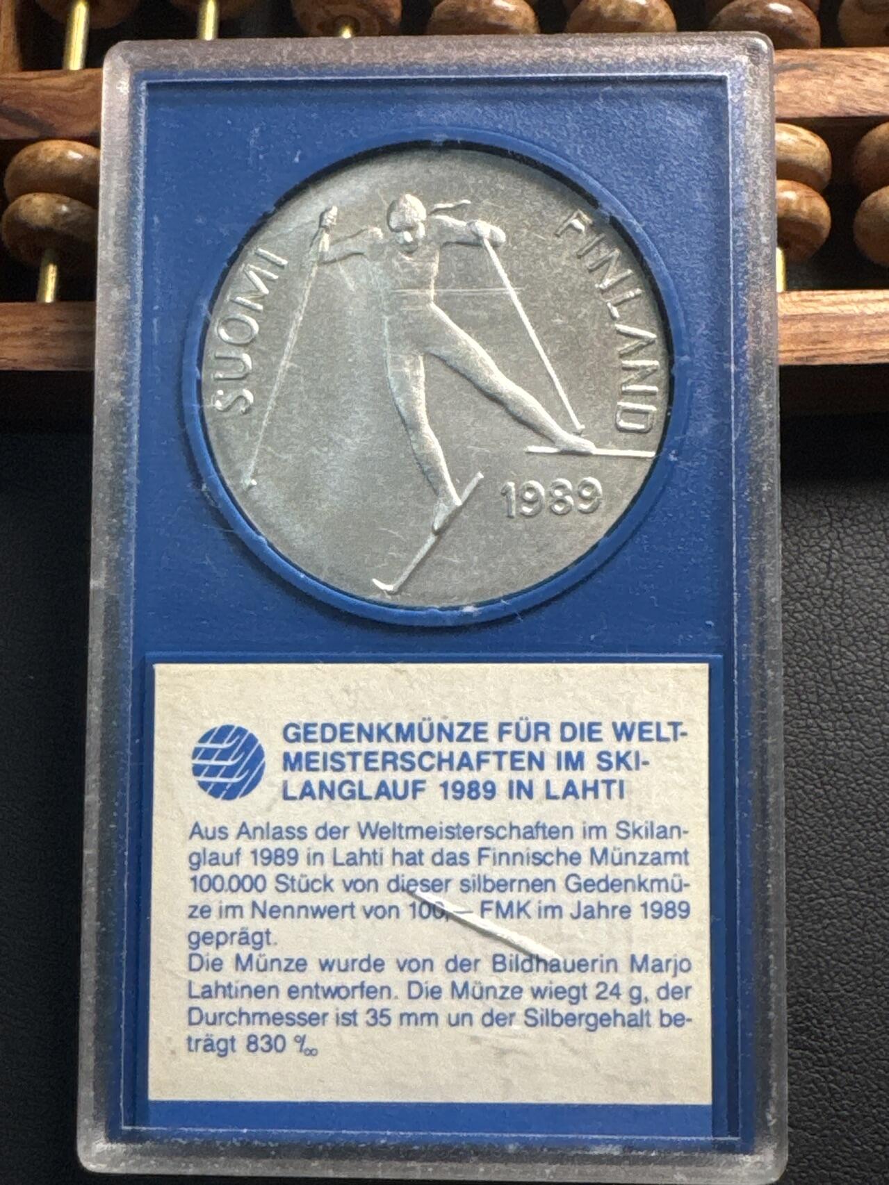 ❤️【币观天下】❤️ 第336期钱币拍卖- 2025.12.26周五晚上6点半场-长期征集拍品 稀少 芬兰早期原包装带证书1989年北欧滑雪世界锦标赛纪念银币24克