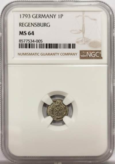 博洋堂世界钱币拍卖第154期（全场包邮） - NGC MS64 德国雷根斯堡1793年双钥匙盾徽1芬尼银币