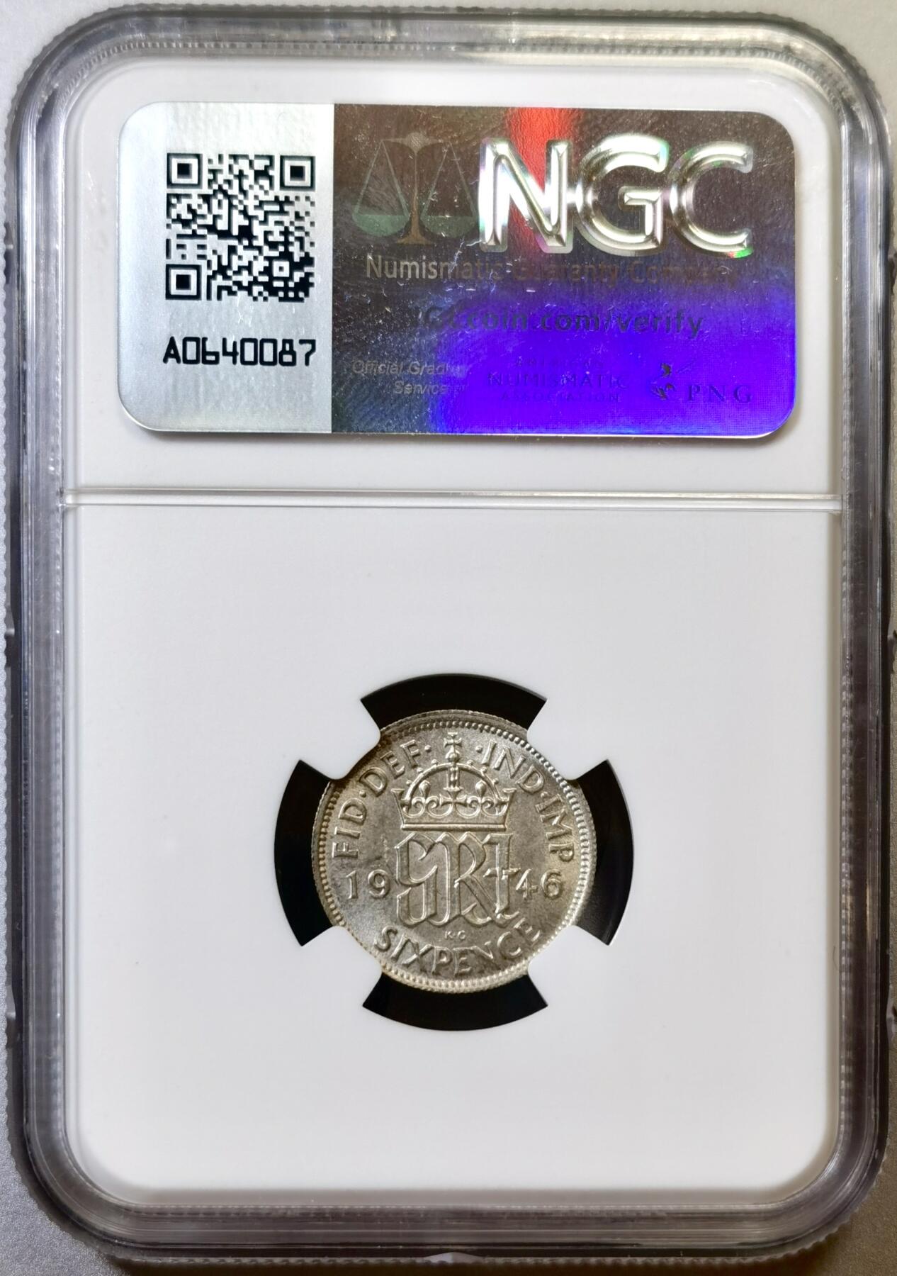 甄臻铺-世界币章拍卖（第45期）精品场拍品征集中，送拍享返佣金等优惠多多 NGC-MS63 英国1946乔治六世六便士银币，经典爱情幸运币，BU状态品相好