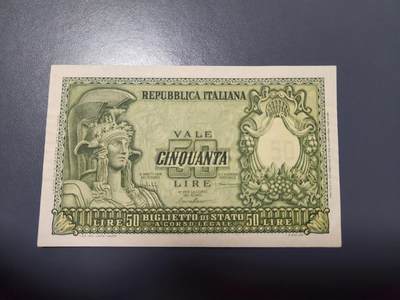 12月24号晚上8点 外国纸币自动截拍第76场 - 意大利1951年50里拉 几乎全新