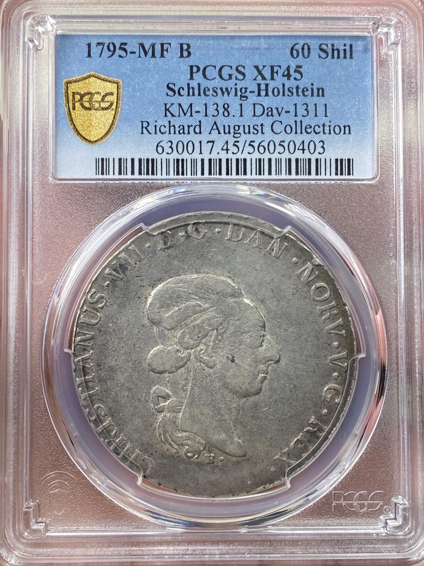 万国钱币拍卖第058期（万国新年大拍） PCGS XF45 1795年丹麦石勒苏益格-荷尔斯泰因州克里斯蒂安七世60先令大银 阿尔托纳造币厂铸 早期北欧雕刻师名作 微笑的国王 原味状态 Richard August名家旧藏