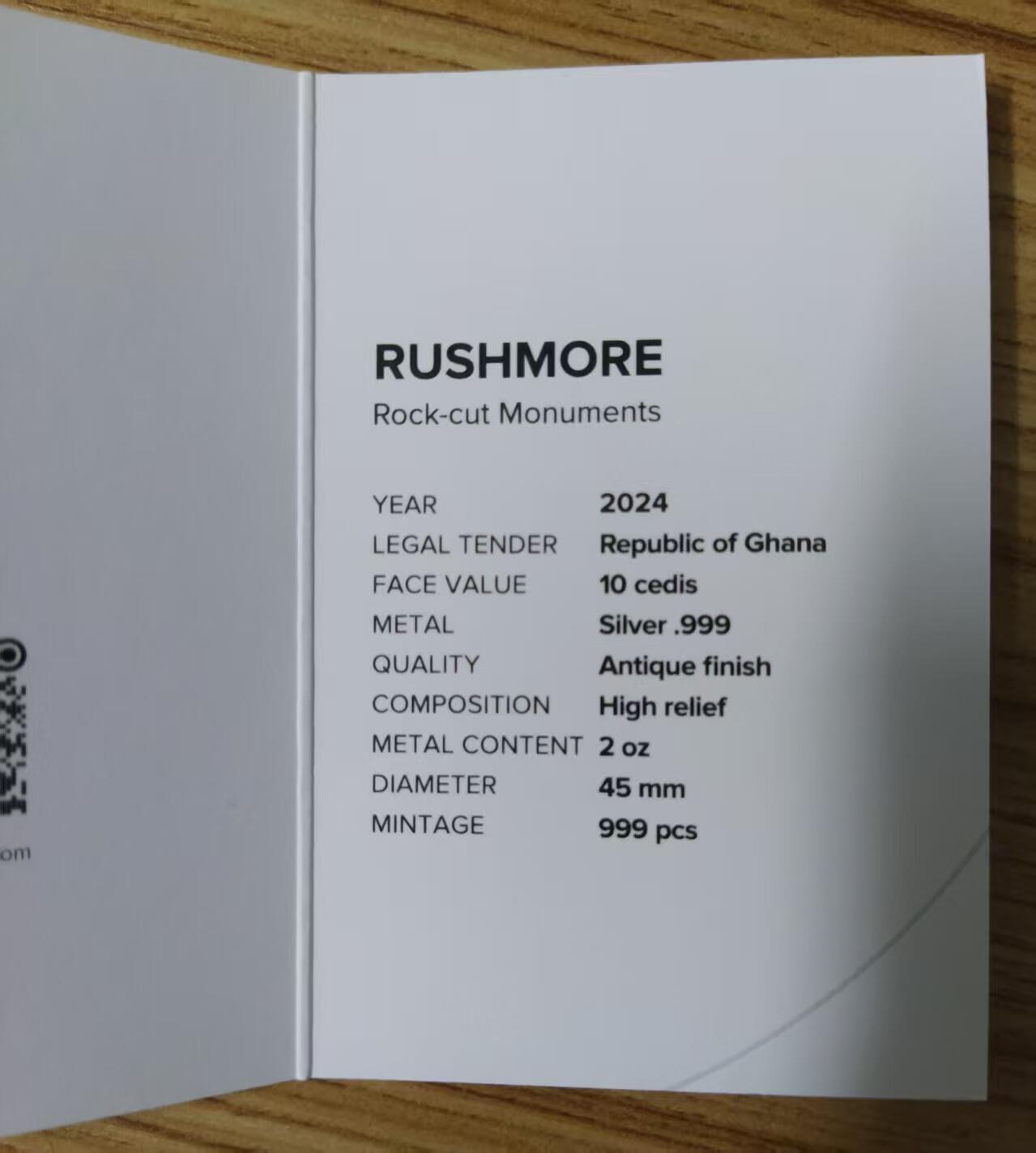 ❤️【币观天下】❤️ 第336期钱币拍卖- 2025.12.26周五晚上6点半场-长期征集拍品 加纳2024年，石刻纪念碑系列-美国总统山-拉什莫尔山. 2盎司,超高浮雕,仿古,纪念银币. 盒证全. 新热门系列. 实物更质感漂亮. 国外售价295美元