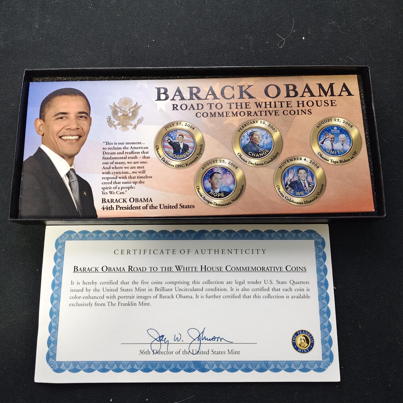【全场包邮】纯粹捡漏拍489场（免费代拍第26场） 【收藏品】美国44任总统奥巴马通往白宫之路彩色覆盖原币5枚纪念套装-盒证全