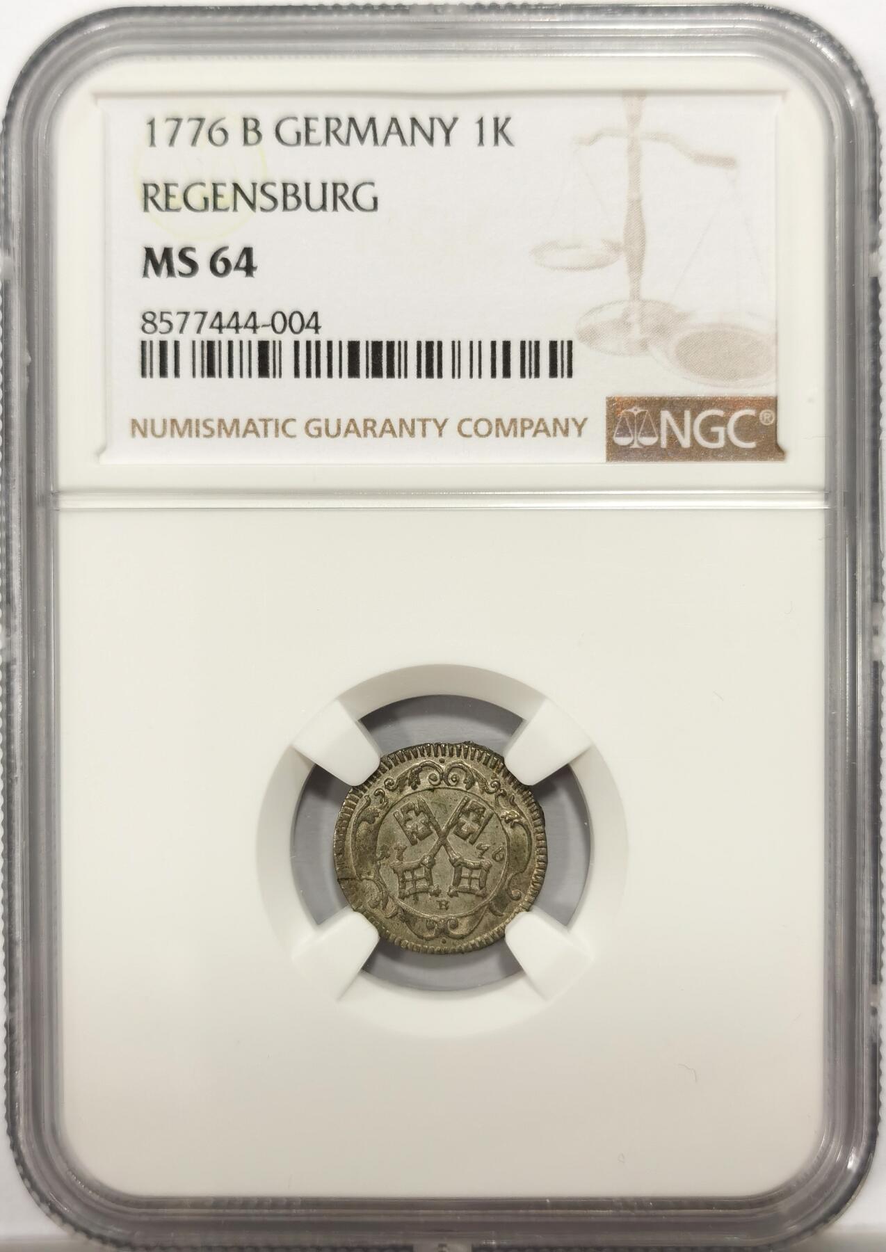 博洋堂世界钱币拍卖第154期（全场包邮） NGC MS64 德国雷根斯堡1776年双钥匙双头鹰1克鲁泽银币