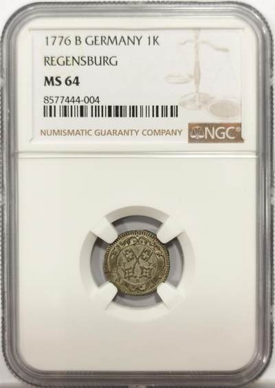 博洋堂世界钱币拍卖第154期（全场包邮） - NGC MS64 德国雷根斯堡1776年双钥匙双头鹰1克鲁泽银币