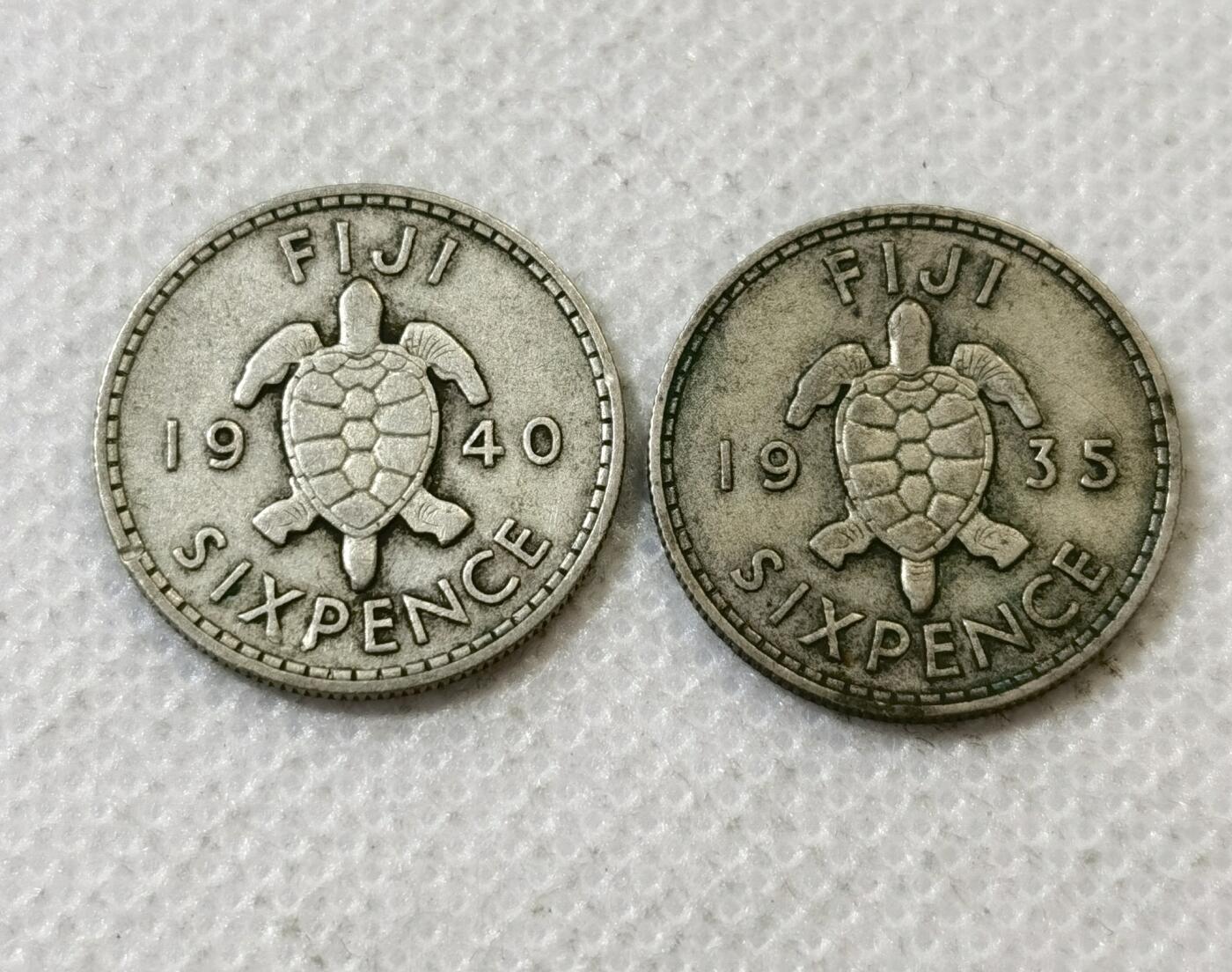 甄臻铺-世界币章拍卖（第45期）精品场拍品征集中，送拍享返佣金等优惠多多 斐济1935、1940年海龟6便士银币2枚 乔治五世、乔治六世2个版别