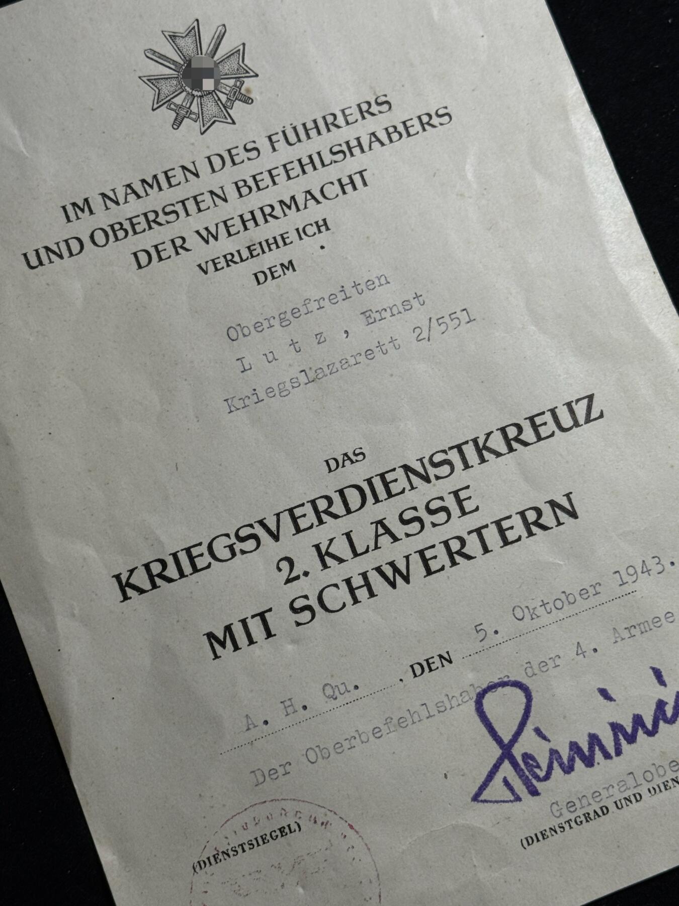 欢庆元旦！戎马世界章牌大赏第109期元旦大拍 铭记历史，珍爱和平！德国二战战功十字勋章证书