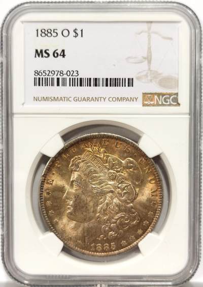 博洋堂世界钱币拍卖第154期（全场包邮） - NGC MS64 美国1885年摩根银币，正面金彩，背面环五彩，极美的包浆。双面车轮光。