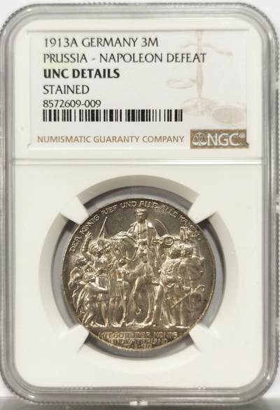 博洋堂世界钱币拍卖第154期（全场包邮） - NGC UNC 德国普鲁士1913年战胜拿破仑3马克纪念银币，双面车轮转光，疑为错杀