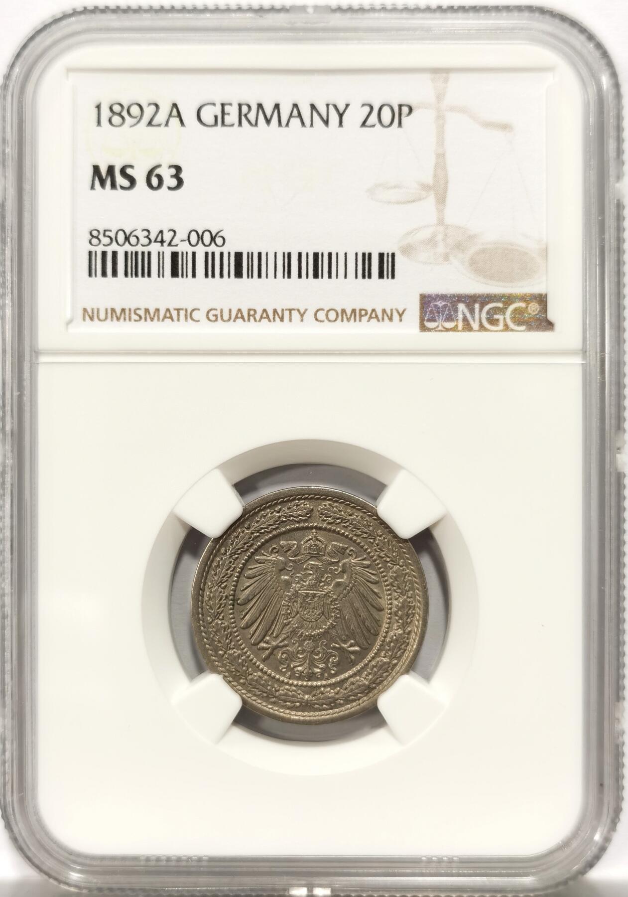 博洋堂世界钱币拍卖第154期（全场包邮） NGC MS63 德国德意志第二帝国1892年20芬尼镍币