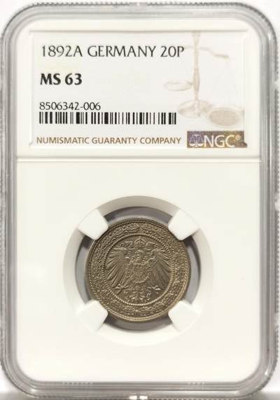 博洋堂世界钱币拍卖第154期（全场包邮） - NGC MS63 德国德意志第二帝国1892年20芬尼镍币