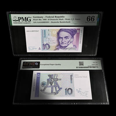 德国1989年10马克纸币PMG66分AA首发冠数学家高斯 - 德国1989年10马克纸币PMG66分AA首发冠数学家高斯