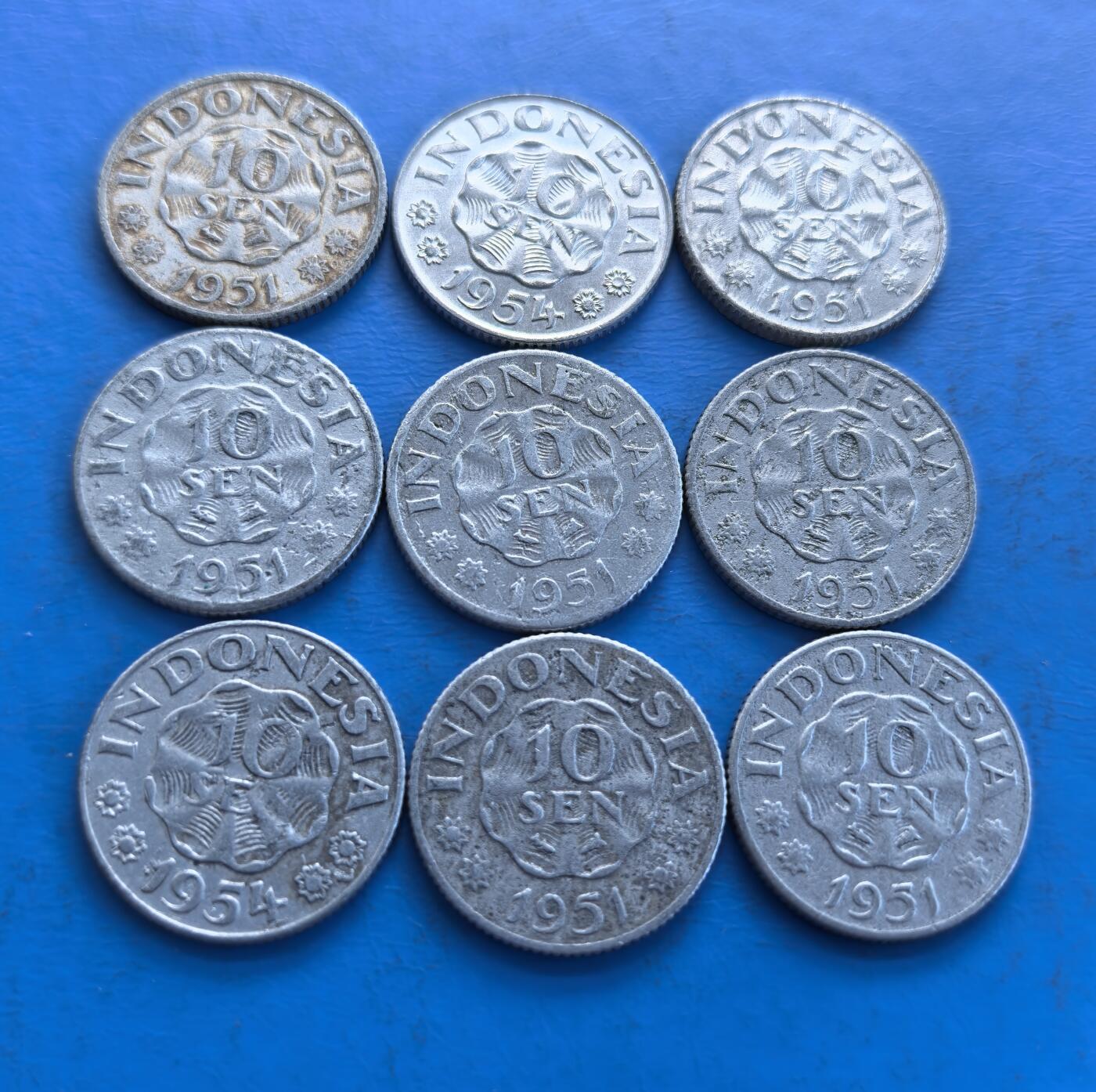 外国优质老铜币高银银币，周六九点倒数截拍，满百包邮，持续收拍 印度尼西亚1951年-1954年10仙9枚