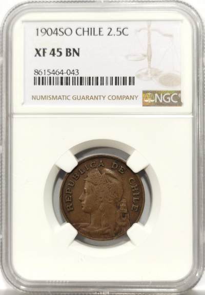 博洋堂世界钱币拍卖第154期（全场包邮） - NGC XF45BN 智利1904年2.5分铜币，稀见品种