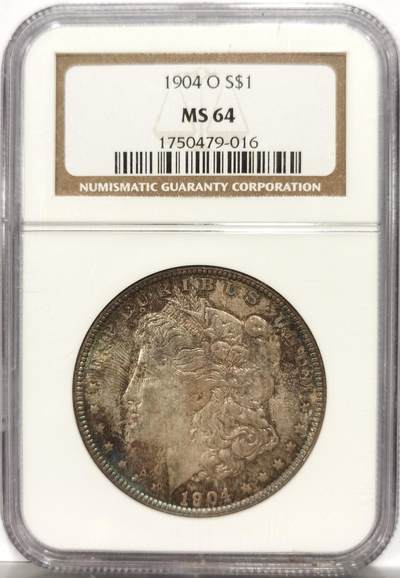 博洋堂世界钱币拍卖第154期（全场包邮） - NGC MS64 美国1904年O版摩根$1银币 早期老盒 通体霓虹环绕五彩包浆 严评