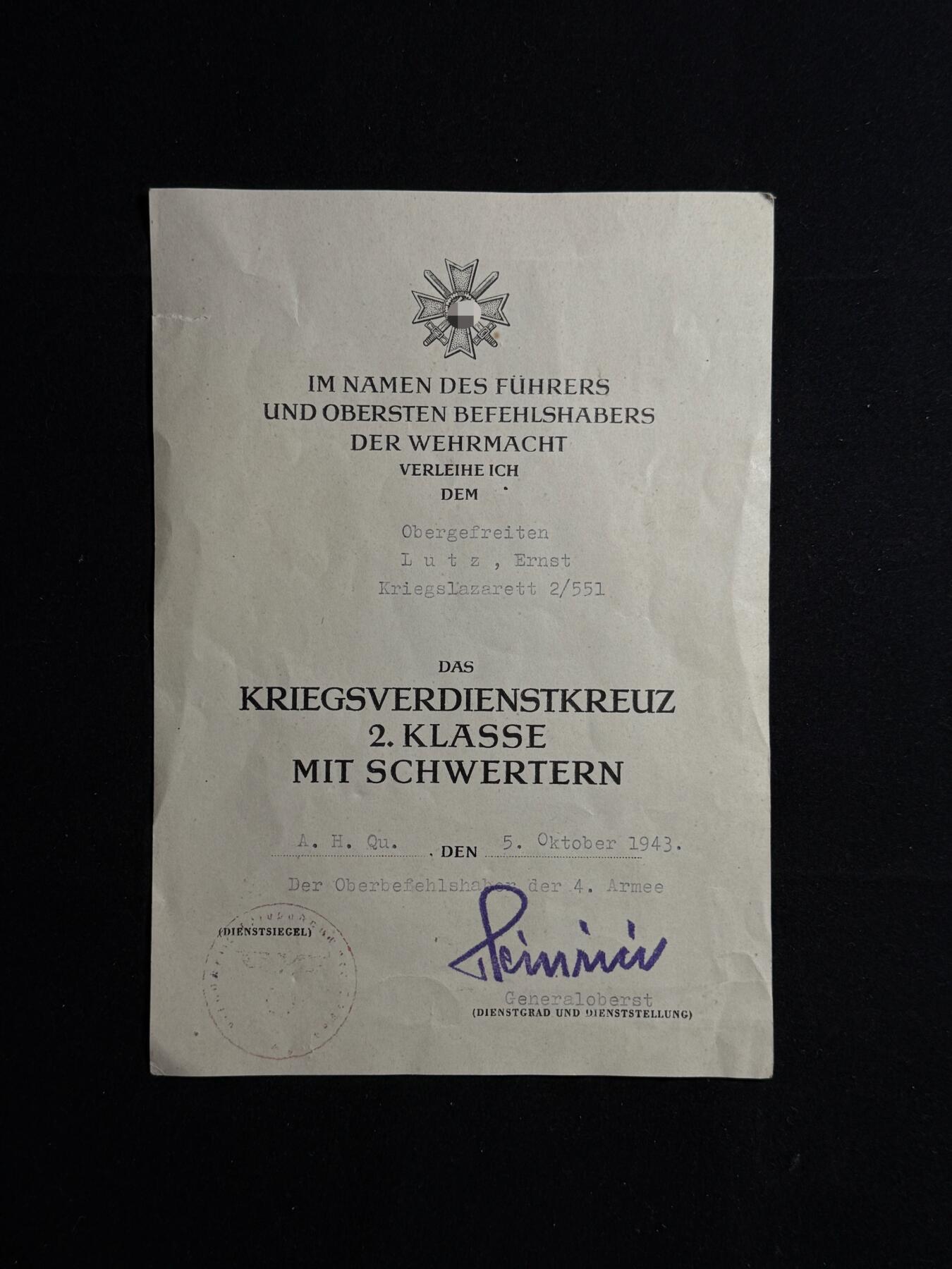欢庆元旦！戎马世界章牌大赏第109期元旦大拍 铭记历史，珍爱和平！德国二战战功十字勋章证书