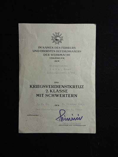 欢庆元旦！戎马世界章牌大赏第109期元旦大拍 - 铭记历史，珍爱和平！德国二战战功十字勋章证书