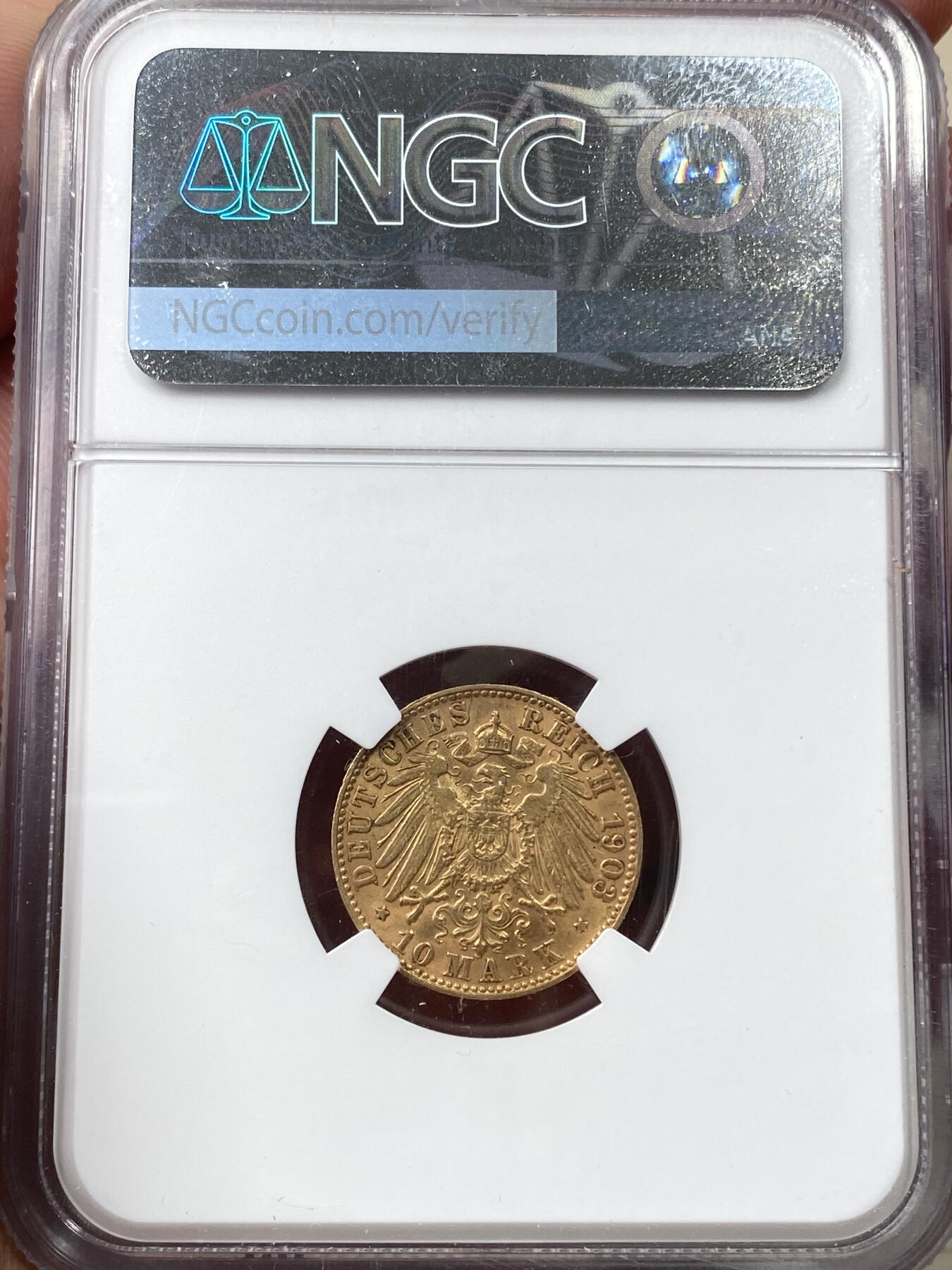 万国钱币拍卖第058期（万国新年大拍） NGC AU58 1903年德国汉堡双狮长翅流通10马克金币 早期年份丝滑金光美品 3.98G 900金