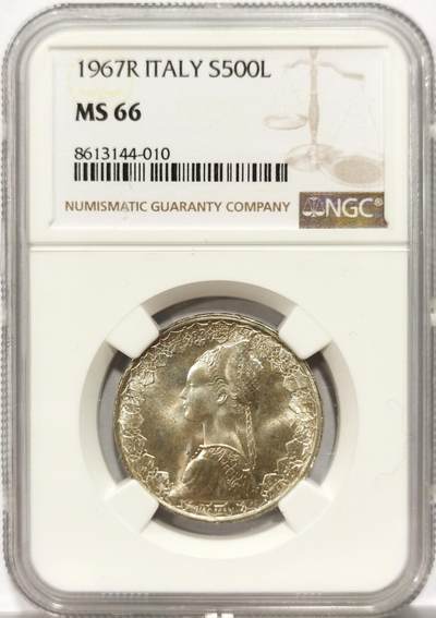 博洋堂世界钱币拍卖第154期（全场包邮） - NGC MS66 意大利1967年500里拉帆船少女银币，币面清爽干净又舒适，高分，状态极佳。