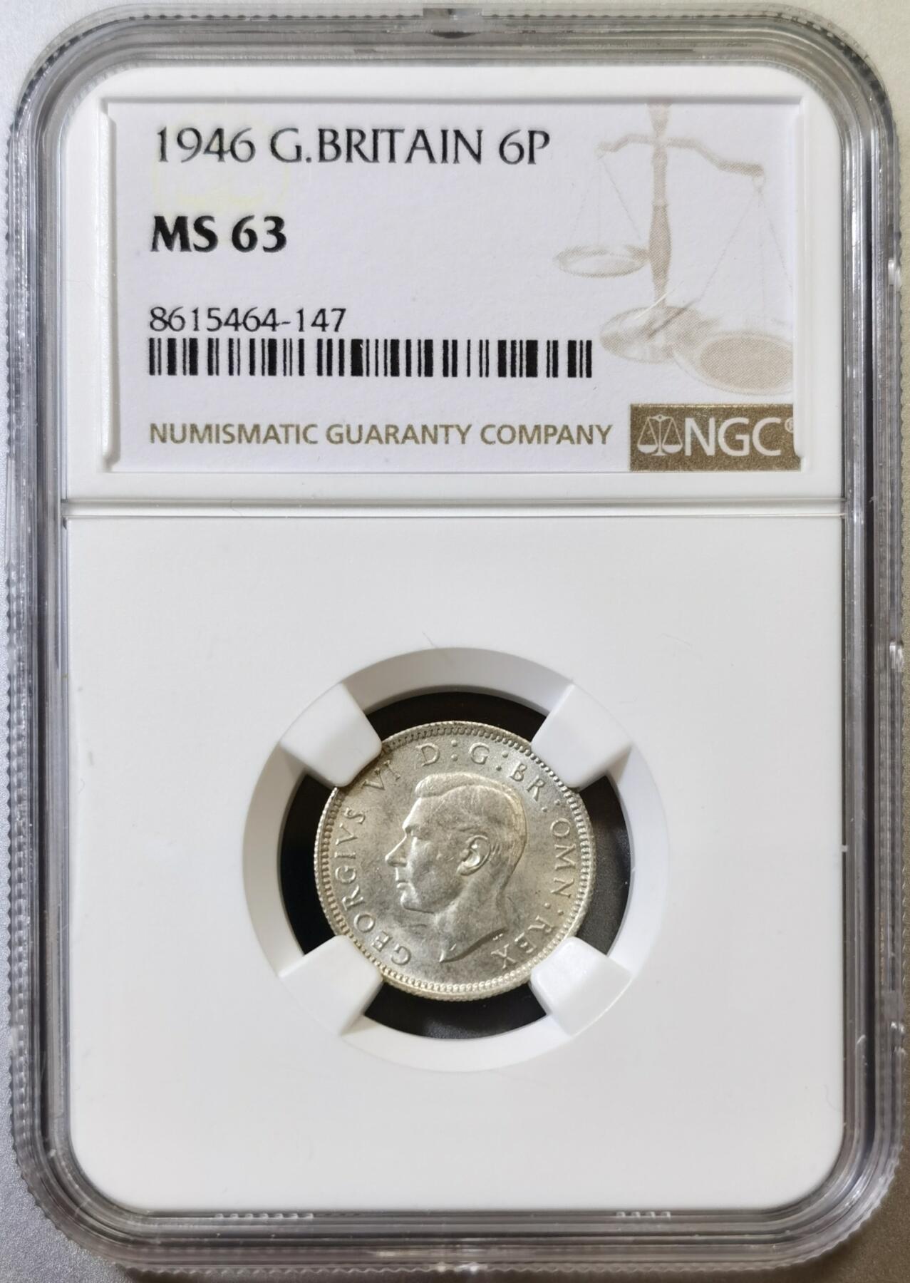 甄臻铺-世界币章拍卖（第45期）精品场拍品征集中，送拍享返佣金等优惠多多 NGC-MS63 英国1946乔治六世六便士银币，经典爱情幸运币，BU状态品相好