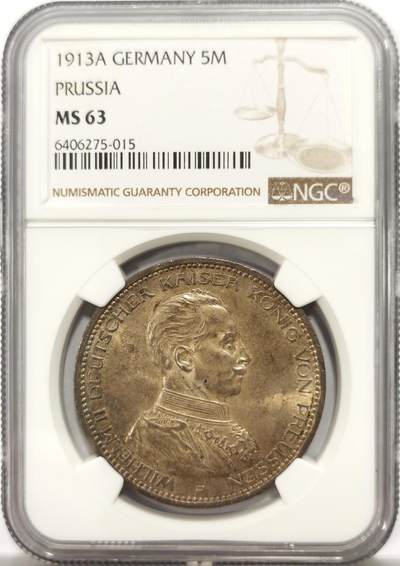 博洋堂世界钱币拍卖第154期（全场包邮） - NGC MS63 德国普鲁士1913年威廉二世军装5马克银币