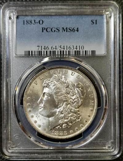 甄臻铺-世界币章拍卖（第45期）精品场拍品征集中，送拍享返佣金等优惠多多 - PCGS-MS64 美国1883年O版摩根一元银币，双面带些黄油彩