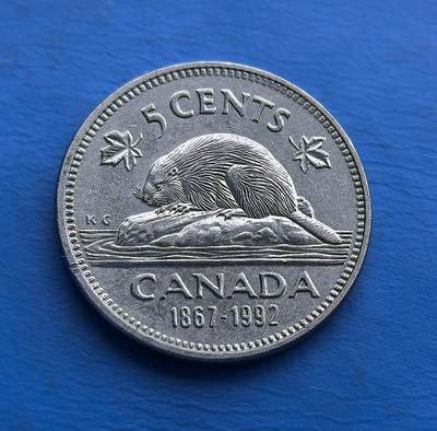 外国优质老铜币高银银币，周六九点倒数截拍，满百包邮，持续收拍 - 加拿大1992 年 5 分 联邦 125 周年纪念币，背面雕刻 标志性海狸（加拿大象征），搭配 “1867 - 1992” 标注建国里程碑；正面女王肖像经典。币面融合国家符号与历史节点，承载加国文化基因，是收藏 国家标识、纪念币序列 的特色标本，适合历史 / 钱币爱好者捕捉时代印记 。