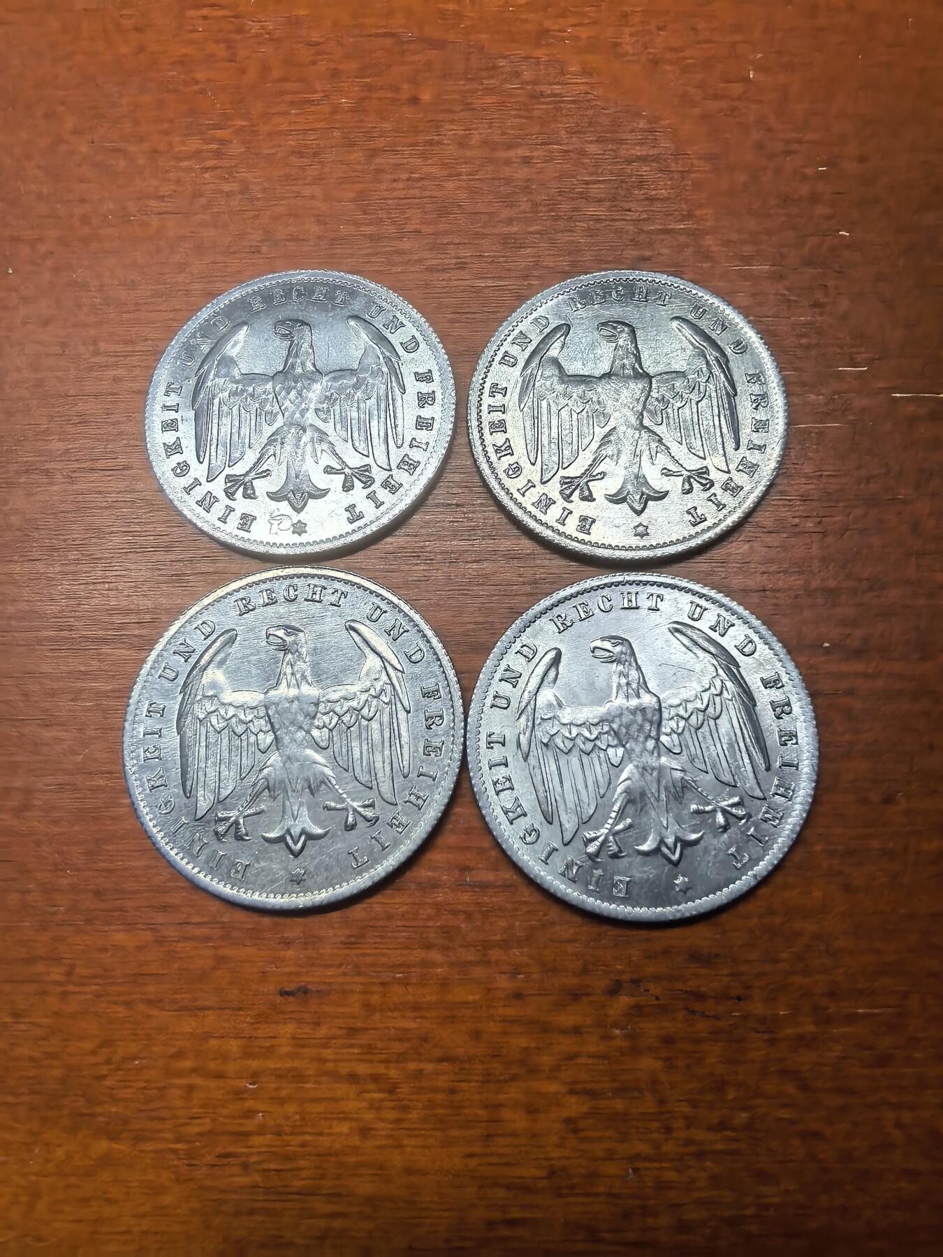 长老汇蛇年精选第八十七场拍卖 1923魏玛德国500马克铝币4枚3个厂，克书MS60分12美金，未流通品