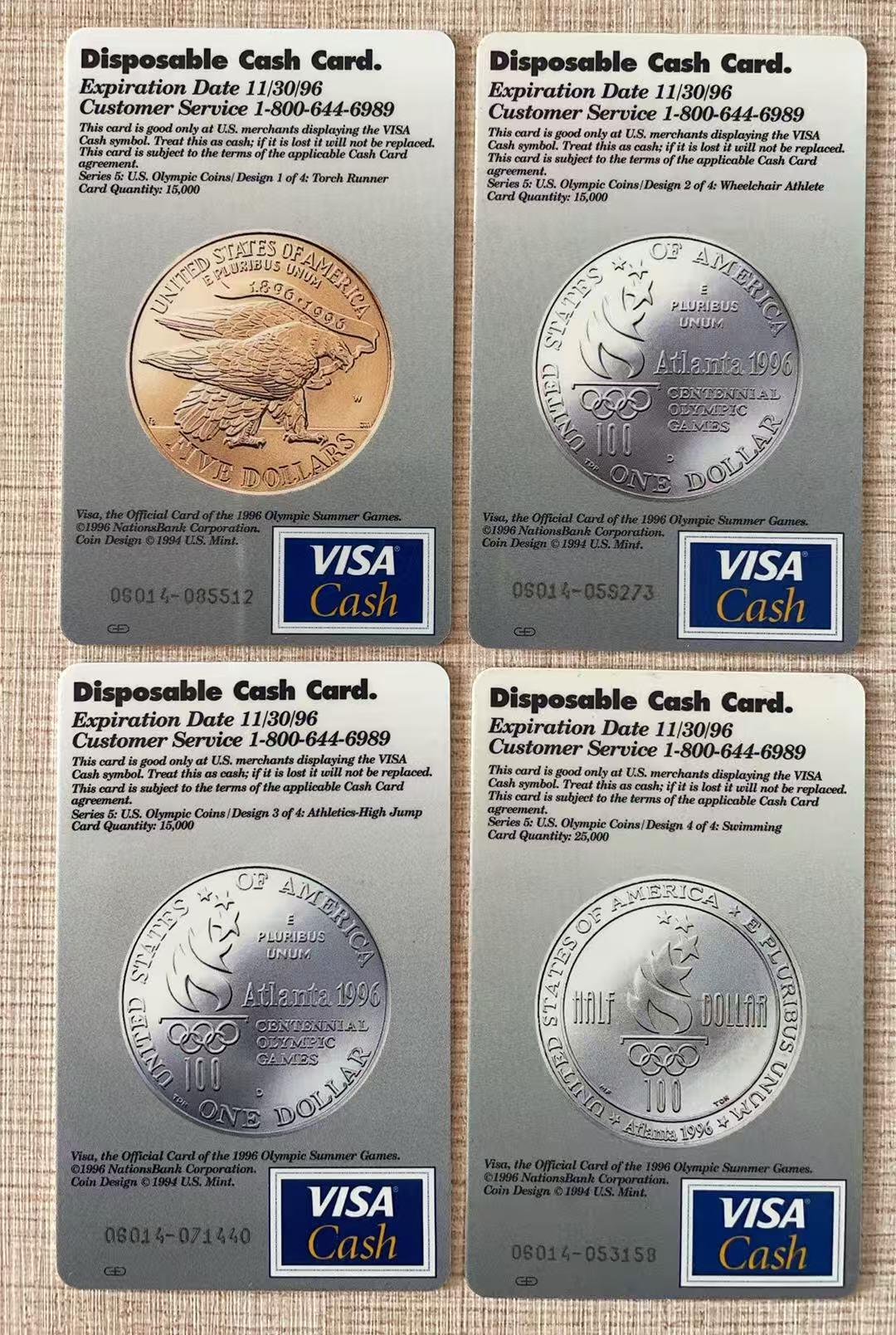 《卡拍》第342期拍卖12月27日晚22：10时延时截拍 美国国家银行VISA Cash现金卡《96亚特兰大奥运会（五）金银币系列》四全IC卡，芯片有氧化，中上品。