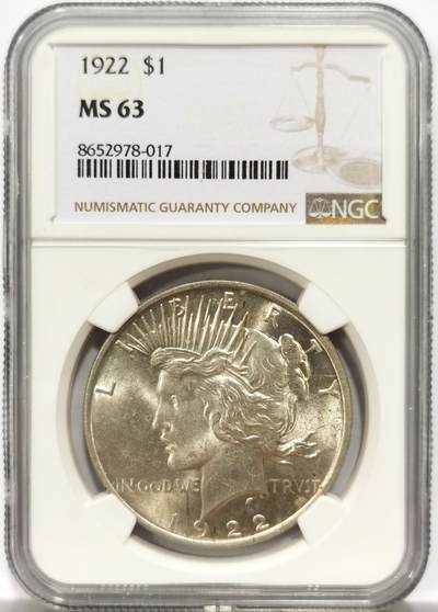 博洋堂世界钱币拍卖第154期（全场包邮） - NGC MS63 美国1922年和平银币，车轮光耀眼，极美原光好品。
