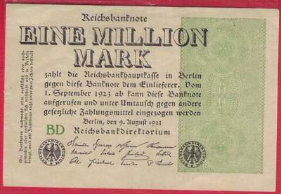 德国1923年1000000马克(100万马克) P-102b L型水印(小圆圈) 实物图 八五品 - 德国1923年1000000马克(100万马克) P-102b L型水印(小圆圈) 实物图 八五品