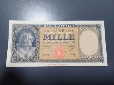 12月24号晚上8点 外国纸币自动截拍第76场 - 意大利1947年1000里拉 波提切利名画春之女神 极美品